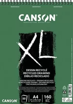 CANSON XL RECYCLED BLOC DE DIBUJO CON 50 HOJAS A4 - ESPIRAL MICROPERFORADO - GRANO FINO - 160G - COLOR BLANCO