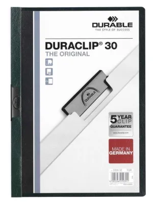 DURABLE DURACLIP 30 CARPETA DE PLASTICO CON CLIP DE ACERO - TAMAÑO A4 - CAPACIDAD HASTA 30 HOJAS - PARTE POSTERIOR RIGIDA COLOR VERDE OSCURO