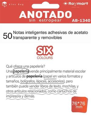 ANOTADO BLOC DE NOTAS QUITA Y PON TRANSPARENTES 76X76MM 50HOJAS