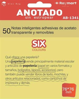 ANOTADO BLOC DE NOTAS QUITA Y PON TRANSPARENTES AMARILLO 76X76MM 50 HOJAS