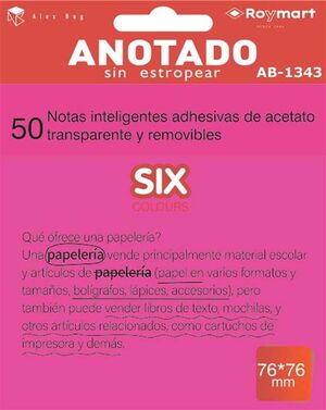 ANOTADO BLOC DE NOTAS QUITA Y PON TRANSPARENTES ROSA FUCSIA 76X76MM 50HOJAS