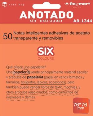 ANOTADO BLOC DE NOTS QUITA Y PON NARANJA TRANSPARERNTE 76X76 50HOJAS