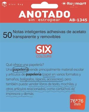 ANOTADO BLOC DE NOTAS QUITA Y PON TRANSPARENTES AZUL 76X76MM 50HOJAS